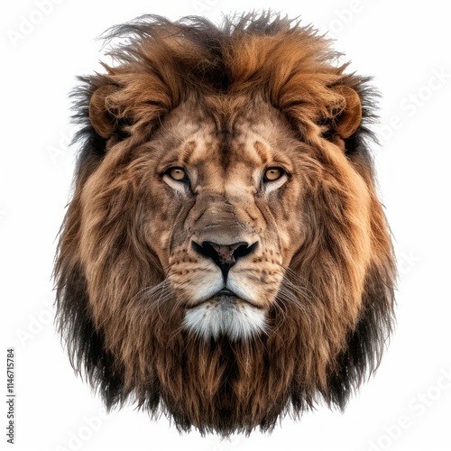 Portrait of a majestic lion staring intensely, isolated on a white background, showcasing its powerful presence and regal mane