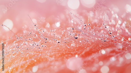 Captivating droplets glisten on soft fibers in a vibrant, colorful backdrop during early morning light photo