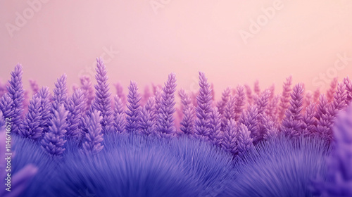 A field of lavender flowers, isolated on a soft lavender gradient background, dreamy and detailed.