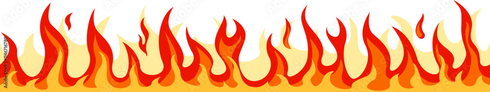 Seamless horizontal pattern of realistic cartoon fire flames burning brightly with red, orange and yellow colors against a white background, creating a vibrant and energetic visual