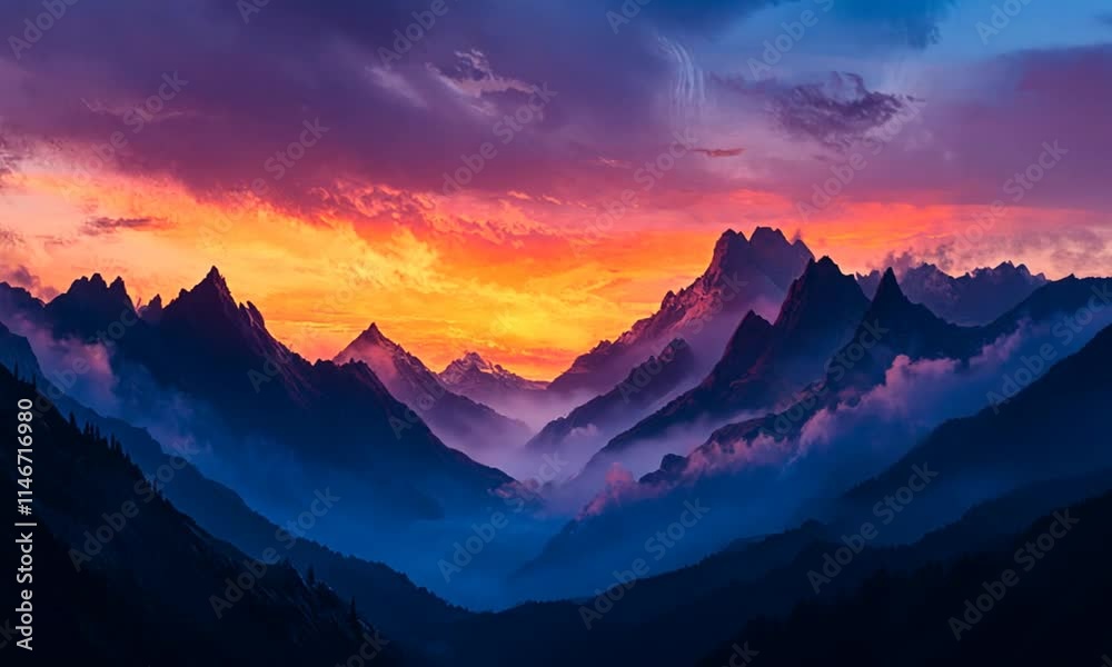 A vibrant sunset over majestic mountains, creating a serene and picturesque landscape. A vibrant sunset over majestic mountains, creating a serene and picturesque landscape.