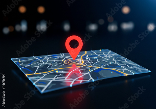 Futuristic GPS Navigation with Hand Pointing to Location Pin on Digital Map