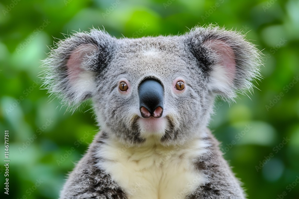 A close-up of a koala with a soft expression against a blurred green background. A close-up of a koala with a soft expression against a blurred green background.