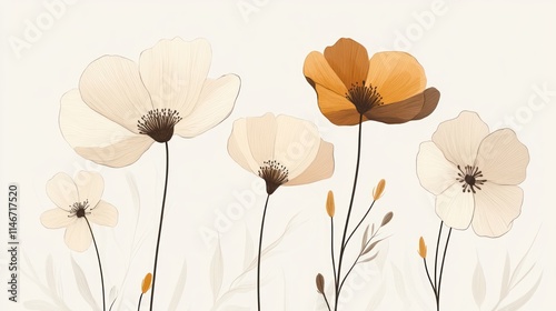 Elegant minimalist floral arrangement with beige and orange flowers on white background.