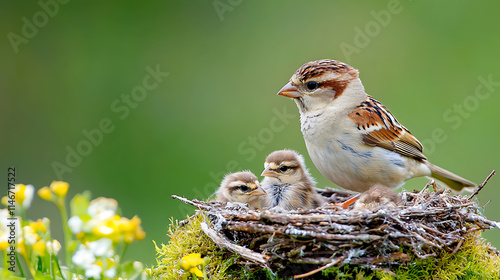 Mother sparrow feeding chicks in nest lush green environment nature photography close-up perspective family bonding