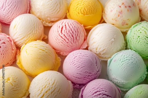 A colorful assortment of ice cream scoops in various flavors arranged in a delightful pattern.