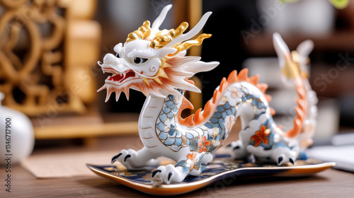 decorative porcelain dragon figurine with intricate details and vibrant colors is displayed on wooden table, exuding elegance and cultural significance photo