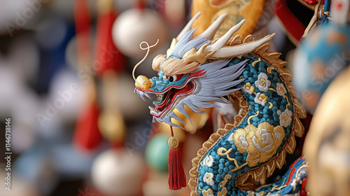 vibrant embroidered dragon motif with intricate details, featuring blue, gold, and red colors, displayed on traditional festival decoration, symbolizing cultural heritage and celebration photo