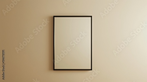 A rectangular mirror with a thin black frame, isolated on a plain beige wall.