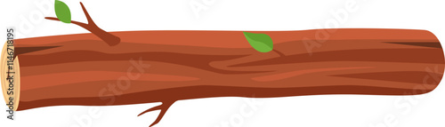 Horizontal wooden log with small twigs and leaves showing wood grain, isolated on white background, ideal for woodworking, forestry, or nature related projects