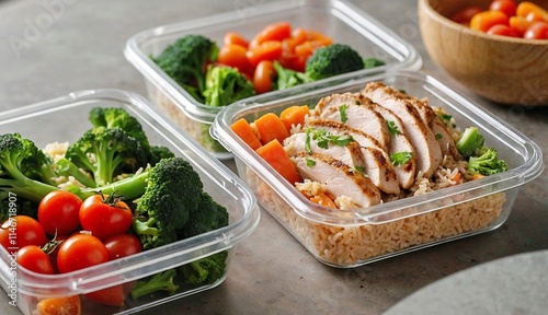 Multiple transparent containers are neatly arranged, each filled with balanced protein and healthy meals: grilled herb-marinated chicken breast,  steamed broccoli, brown rice, carrots and tomatoes
