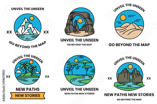 Set of illustrations in the concept of Natural tourist attractions in line style
