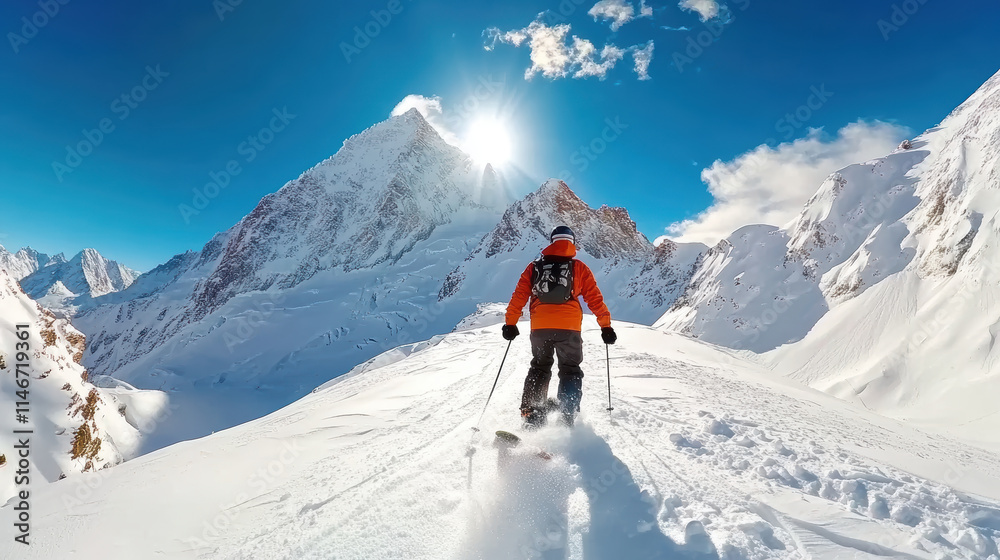 skier in bright orange jacket descends snowy mountain slope under clear blue sky, with sun shining behind towering peak, creating breathtaking alpine scene skier in bright orange jacket descends snowy mountain slope under clear blue sky, with sun shining behind towering peak, creating breathtaking alpine scene