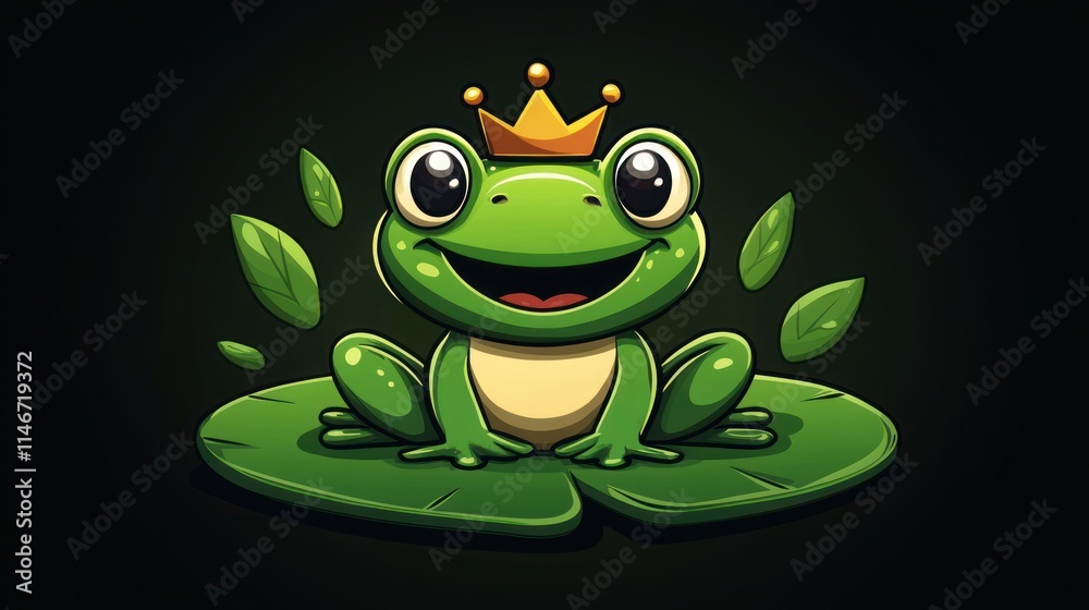 A cheerful cartoon frog wearing a crown, sitting on a lily pad against a dark background. A cheerful cartoon frog wearing a crown, sitting on a lily pad against a dark background.