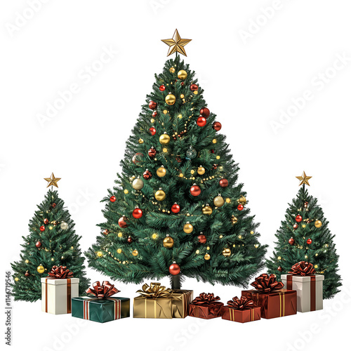 Christmas tree with gifts, Christmas tree decorated, Christmas tree isolated on transparency background, festive Christmas tree, Background Christmas, Christmas tree with Present