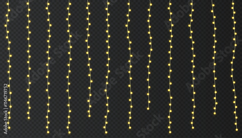 Festive Christmas light  glowing garland string on dark background.