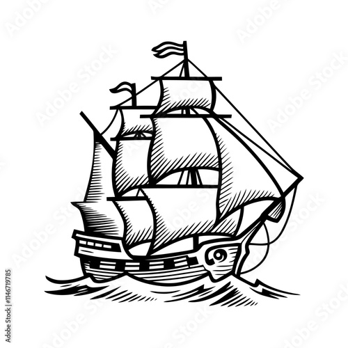 Vintage Line Art Illustration of a Sailing Ship