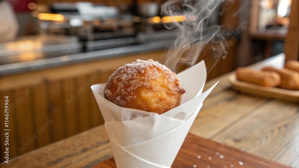 Fototapeta premium A freshly fried, sugar-dusted pastry, steaming in a white paper cone, sits on a wooden counter
