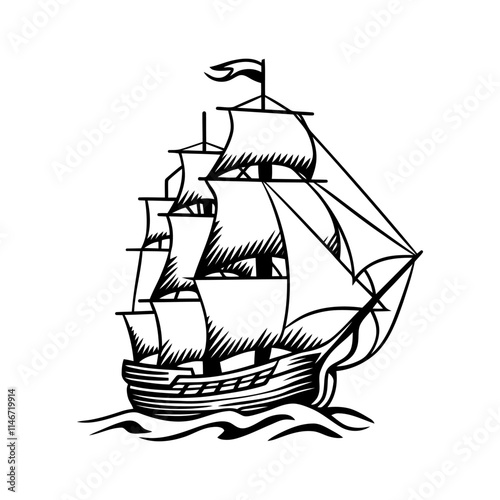 Vintage Line Art Illustration of a Sailing Ship