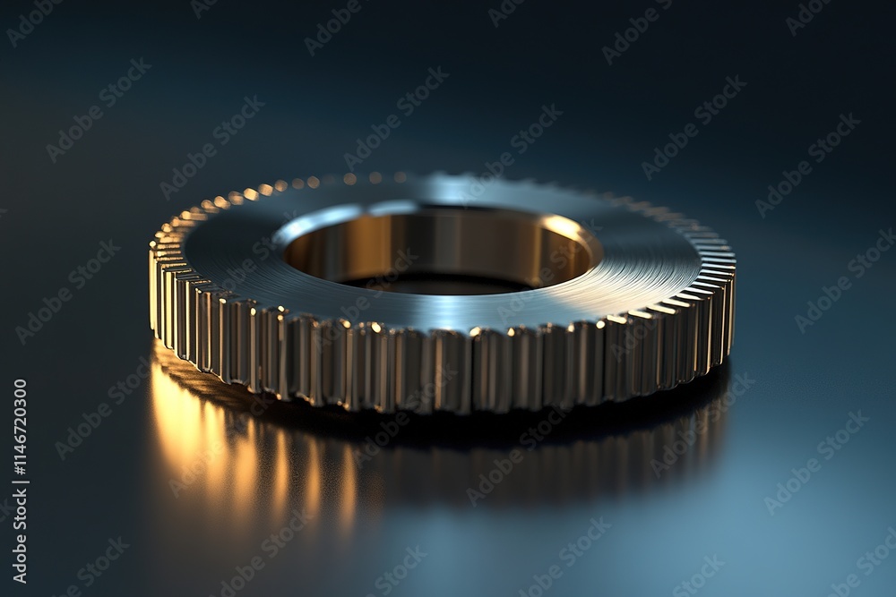 shimmering metallic gear resting on smooth reflective surface under soft spotlight shimmering metallic gear resting on smooth reflective surface under soft spotlight