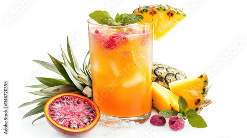 Zingy passion and pineapple punch isolated on white. Summer Drinks