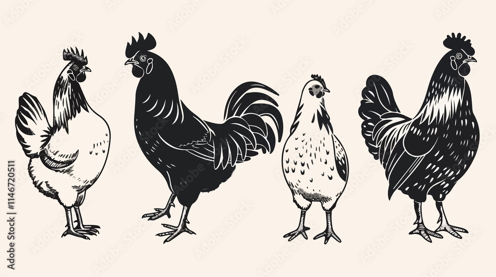 Fototapeta premium Black and White Illustration of Farm Poultry Chicken Set