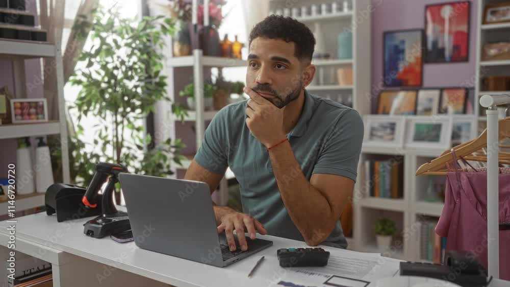 Young man working on a laptop in a home decor store, thoughtfully looking at the screen with his hand on his chin, surrounded by various decorative items