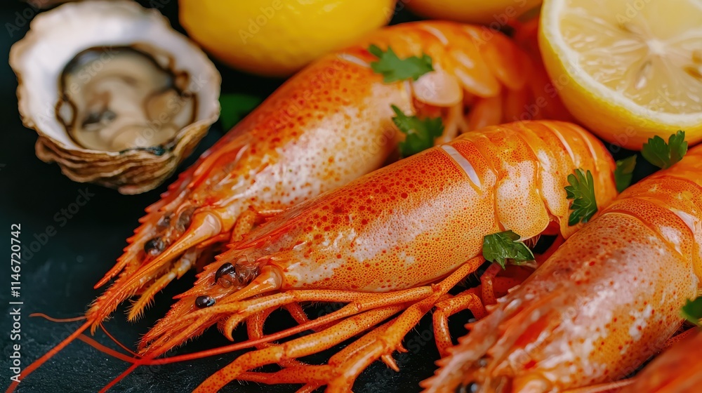 A vibrant display of fresh seafood featuring orange shrimp, lemon slices, and an oyster, garnished with parsley. A vibrant display of fresh seafood featuring orange shrimp, lemon slices, and an oyster, garnished with parsley.