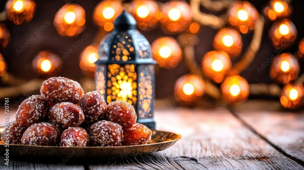 Sugary dates on a plate with a lantern and warm lights in the background.