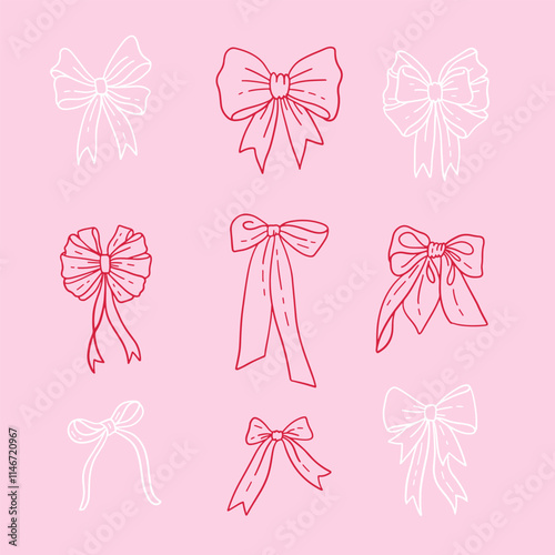 Set of coquette pink bow knots for Valentine's day decoration, linear hand drawn gift ribbons. Trendy hair braiding accessories. Bow knots for gift wrapping, present. Vector illustration.