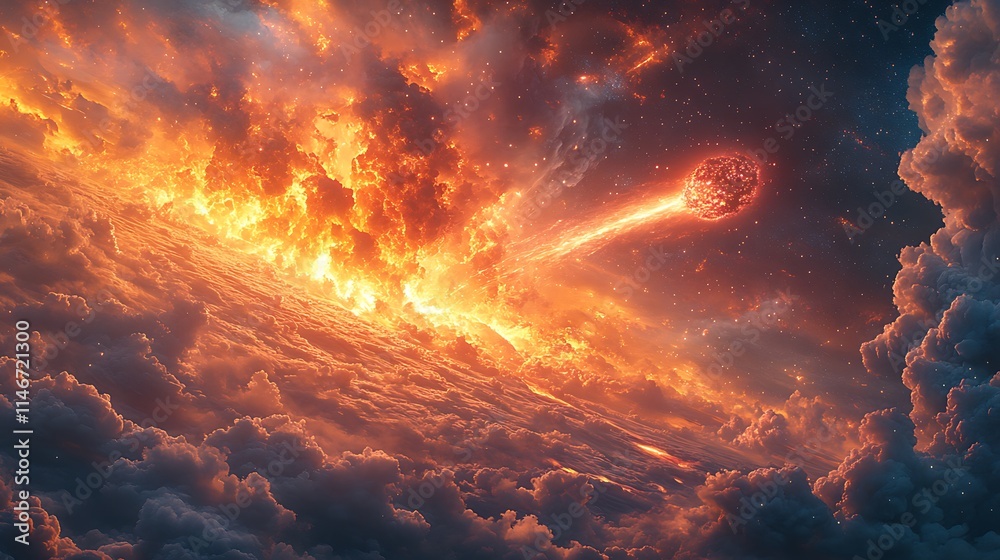 Fiery Celestial Body Impacting a Cloud Covered Planet Fiery Celestial Body Impacting a Cloud Covered Planet