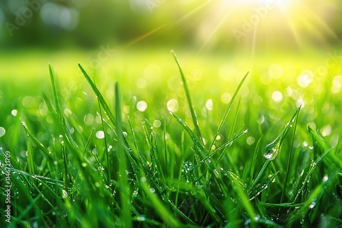 detailed close-up of dewdrop hanging from vibrant green blade of grass photo