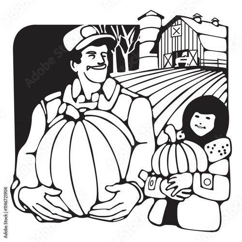 Cartoon characters of Farmer man and his daughter carrying pumpkins vector design