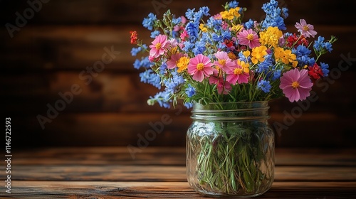 Wallpaper Mural A vibrant bouquet of wildflowers in a glass jar, enhancing a rustic wooden background. Torontodigital.ca