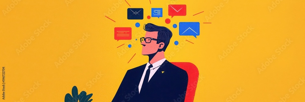 A thoughtful man in a suit sits, pondering amidst digital icons symbolizing communication and technology on a vibrant yellow background. A thoughtful man in a suit sits, pondering amidst digital icons symbolizing communication and technology on a vibrant yellow background.