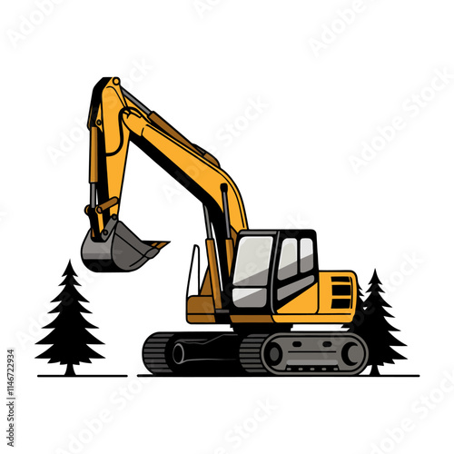 Minimalist Vector Illustration Of A Yellow Excavator, With White Background.