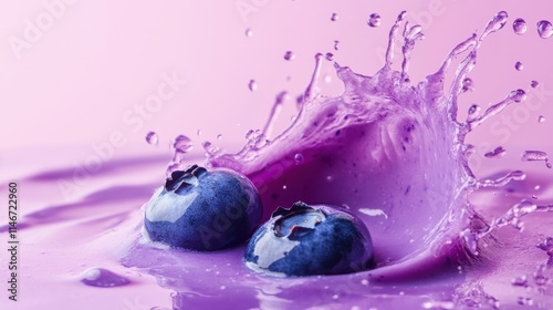Blueberry splashes on yogurt wall against a vibrant purple gradient background