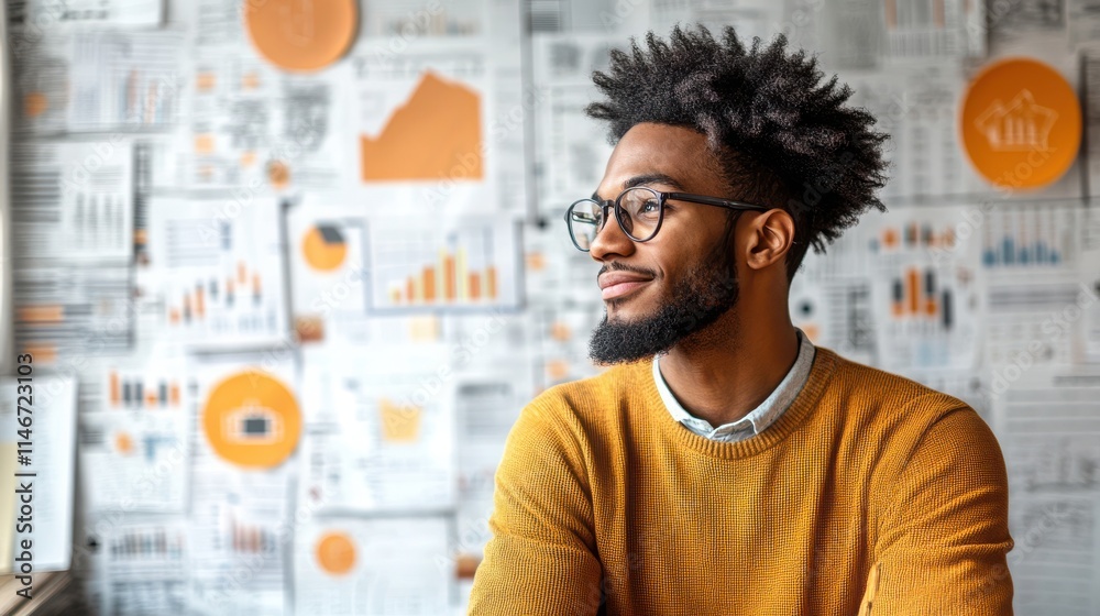 A thoughtful man with glasses smiles while sitting against a wall covered in charts and graphs, embodying a professional and analytical atmosphere. A thoughtful man with glasses smiles while sitting against a wall covered in charts and graphs, embodying a professional and analytical atmosphere.