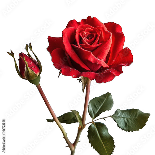 Beautiful Red Rose with Dewdrops and Rosebud Isolated in White Background