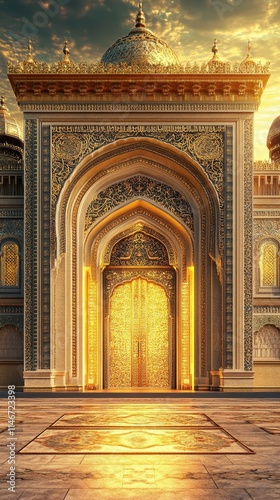 Majestic Golden Mosque Entrance with Ornate Islamic Architecture, Glowing Arched Doorway at Sunset, Luxurious Middle Eastern Design, Spiritual and Cultural Landmark, Sacred Place of Worship