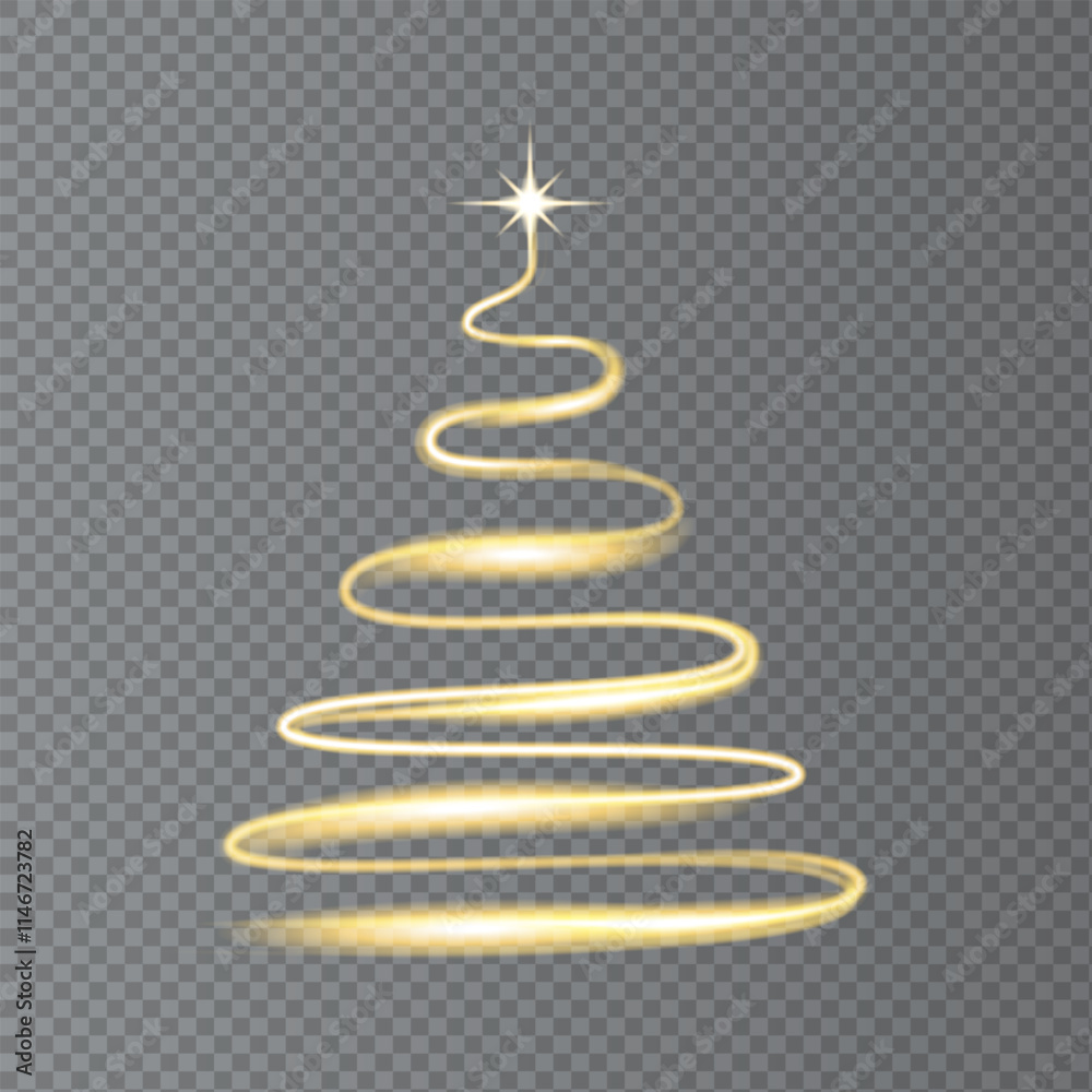 Abstract golden light Christmas tree with bright shining  garland.