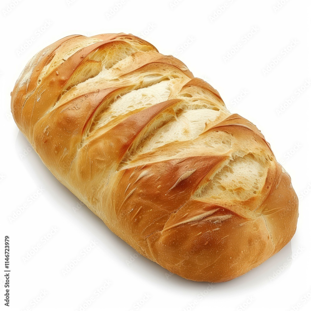 Golden crust loaf of white bread with slashed top, creating an appetizing presentation Golden crust loaf of white bread with slashed top, creating an appetizing presentation