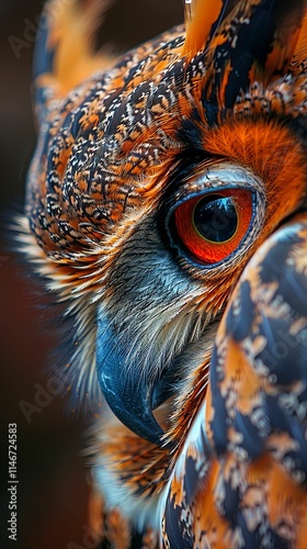 Close-up of great horned owl’s eye with vibrant colors photo