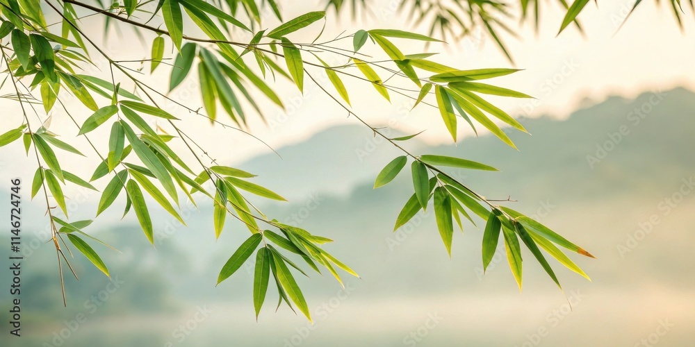 Obraz premium A vibrant green bamboo branch gracefully sways in the soft glow of morning light, casting delicate shadows upon the tranquil landscape below.