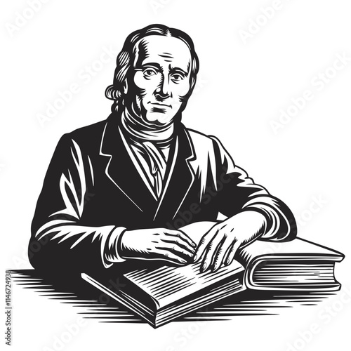  Vintage Scholar Portrait with Open Book Monochrome Vector Illustration