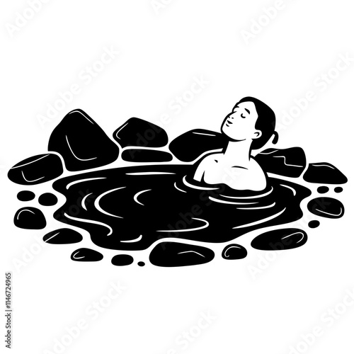  Woman Relaxing in Natural Hot Spring Surrounded by Rocks Vector Illustration