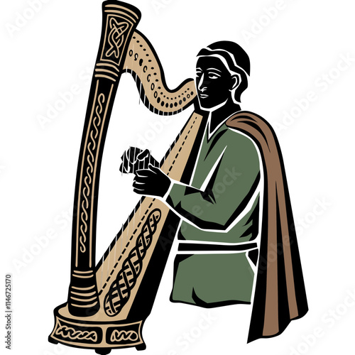  Medieval Harpist in Traditional Attire Playing Celtic Harp Vector Illustration