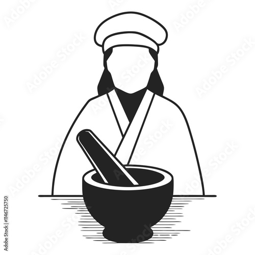  Traditional Herbalist with Mortar and Pestle Vector Illustration
