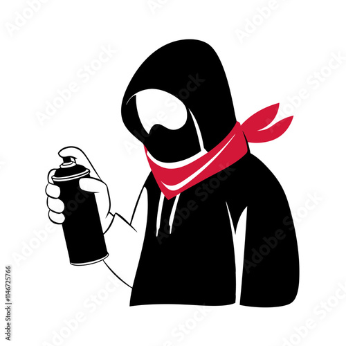  Hoodie-Wearing Graffiti Artist with Spray Can and Red Bandana Vector Art