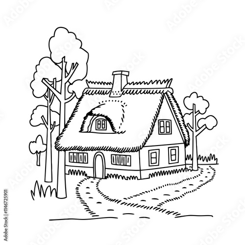  Charming Rural Cottage with Thatched Roof and Trees in Vector Line Art
